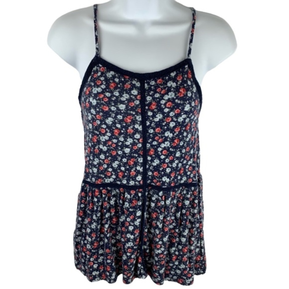 American Eagle Blue Red Embroidered Lace Floral Tank Top